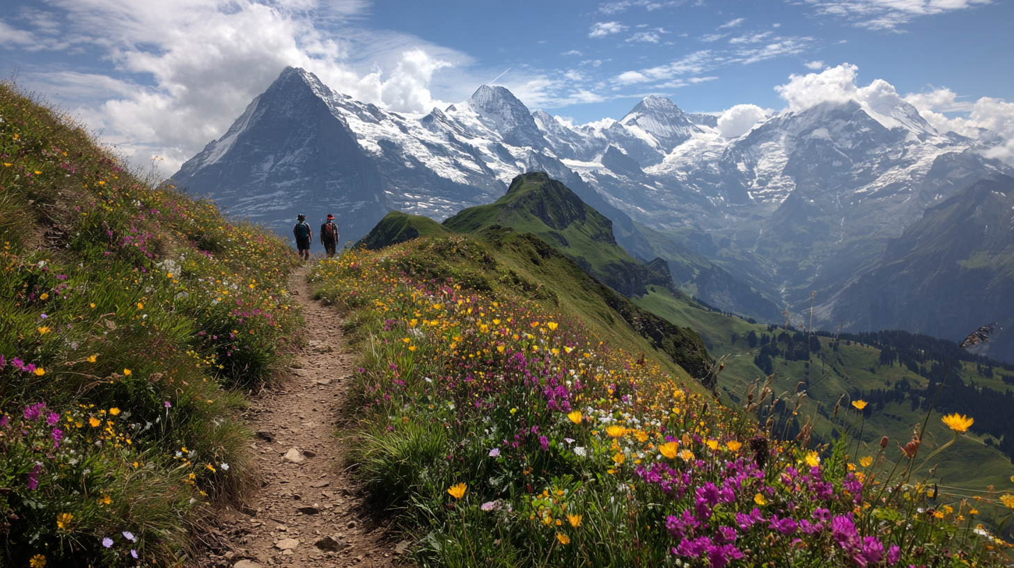 Hikers walking along a ridgeline with panoramic views of iconic Swiss peaks. Swiss Alps adventures across snowy peaks, hiking routes, and alpine landscapes.