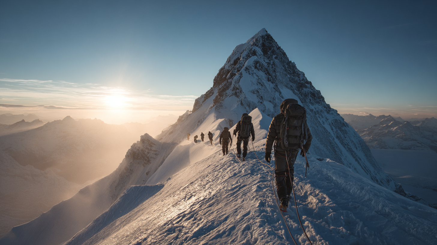 Climbers ascending a snowy alpine ridge toward a major Swiss peak.