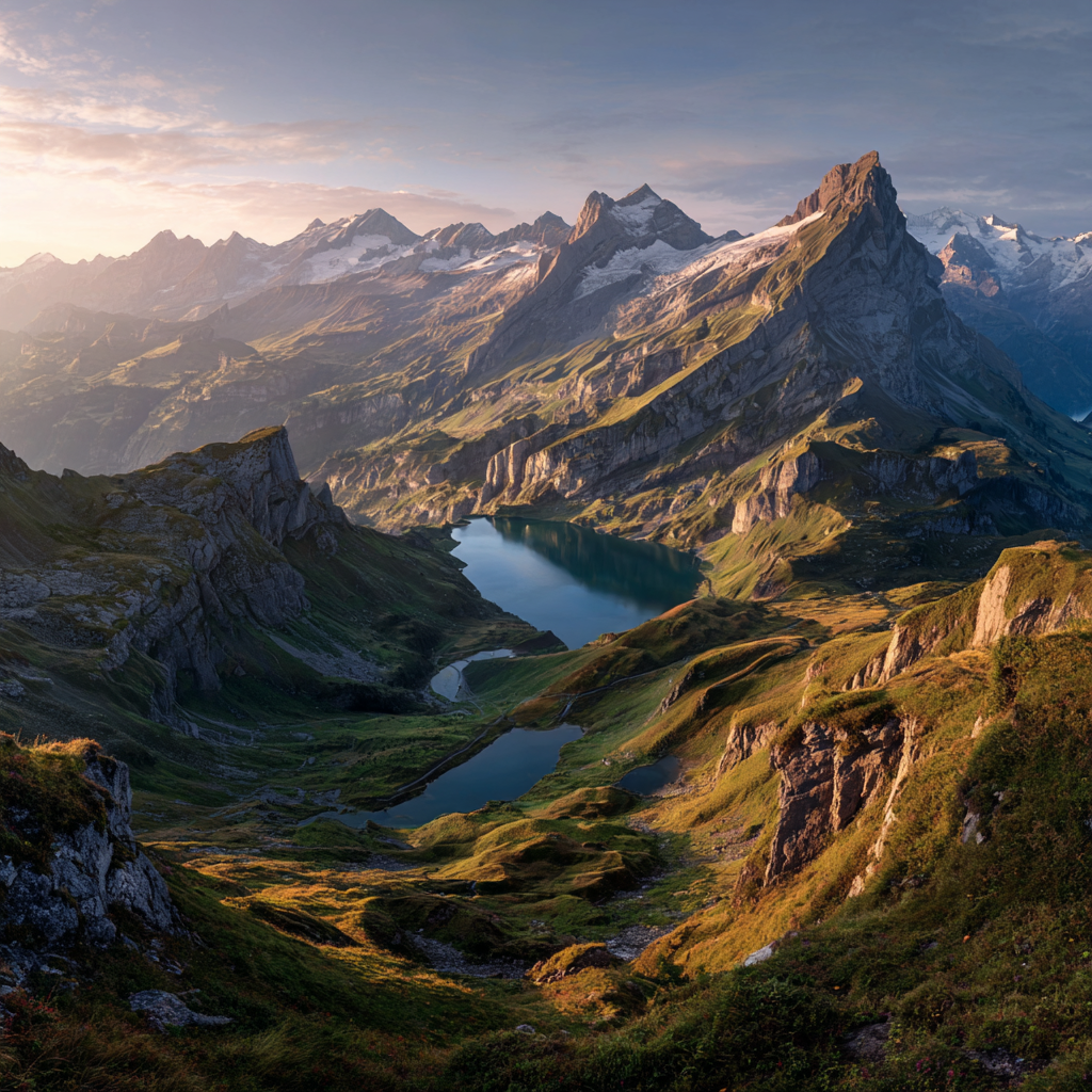A dramatic panoramic view of the Swiss Alps with peaks, valleys, and golden light.