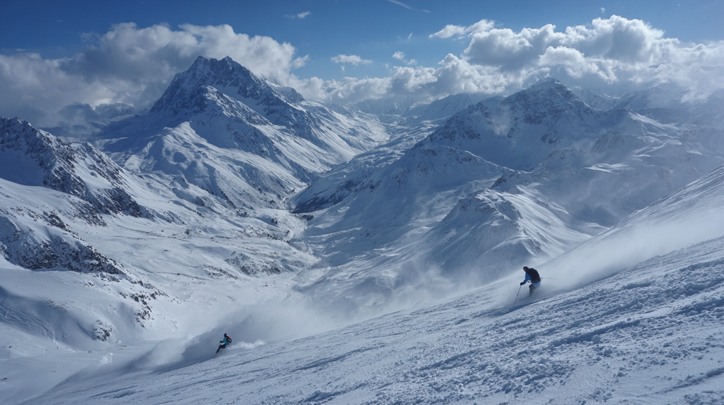 Skiers descending snowy slopes in the Swiss Alps under a bright winter sky.