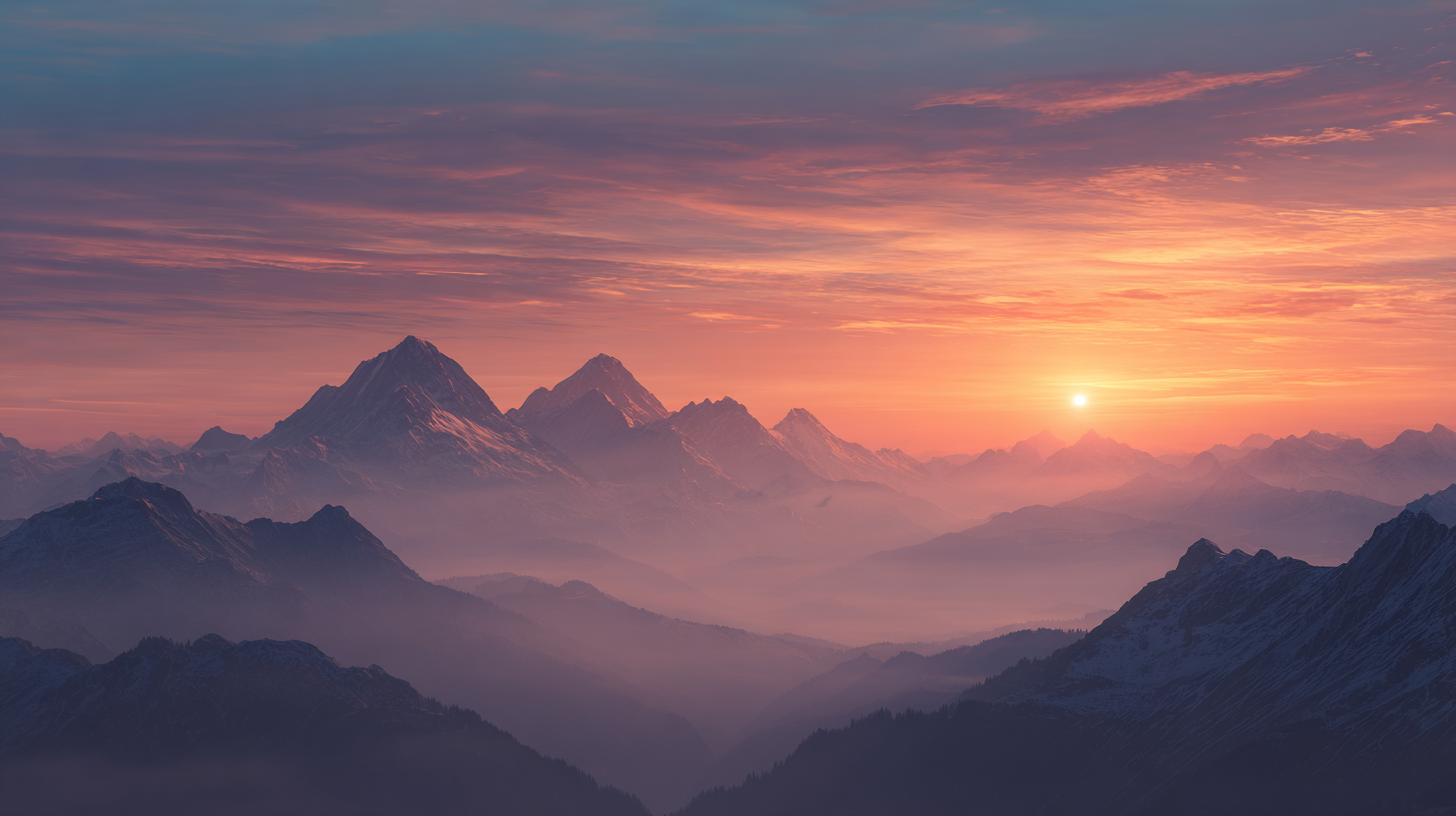 Sunrise over the Swiss Alps with glowing peaks and mist-filled valleys.