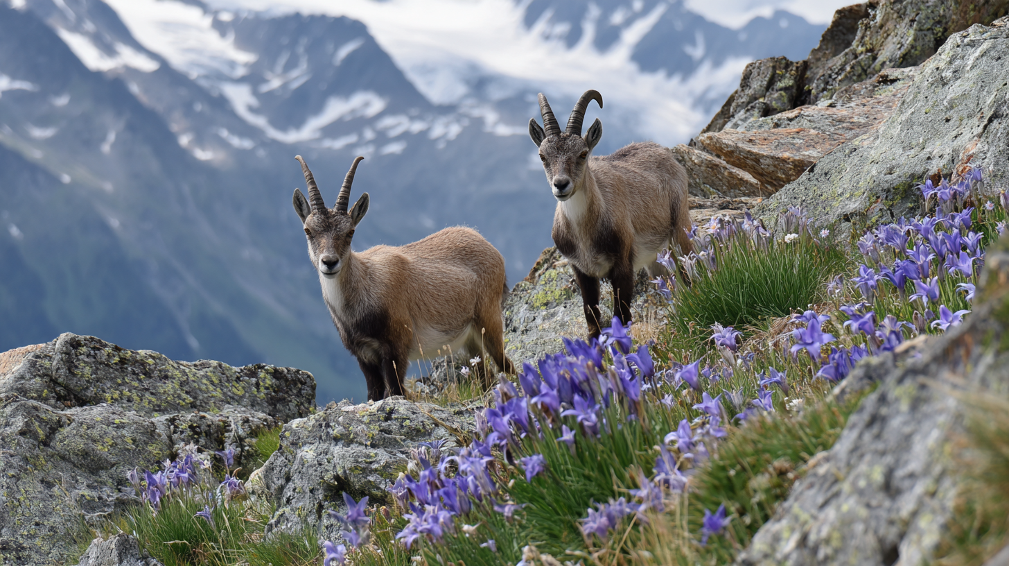 Ibex, marmots, and alpine flowers in the natural Swiss alpine ecosystem.