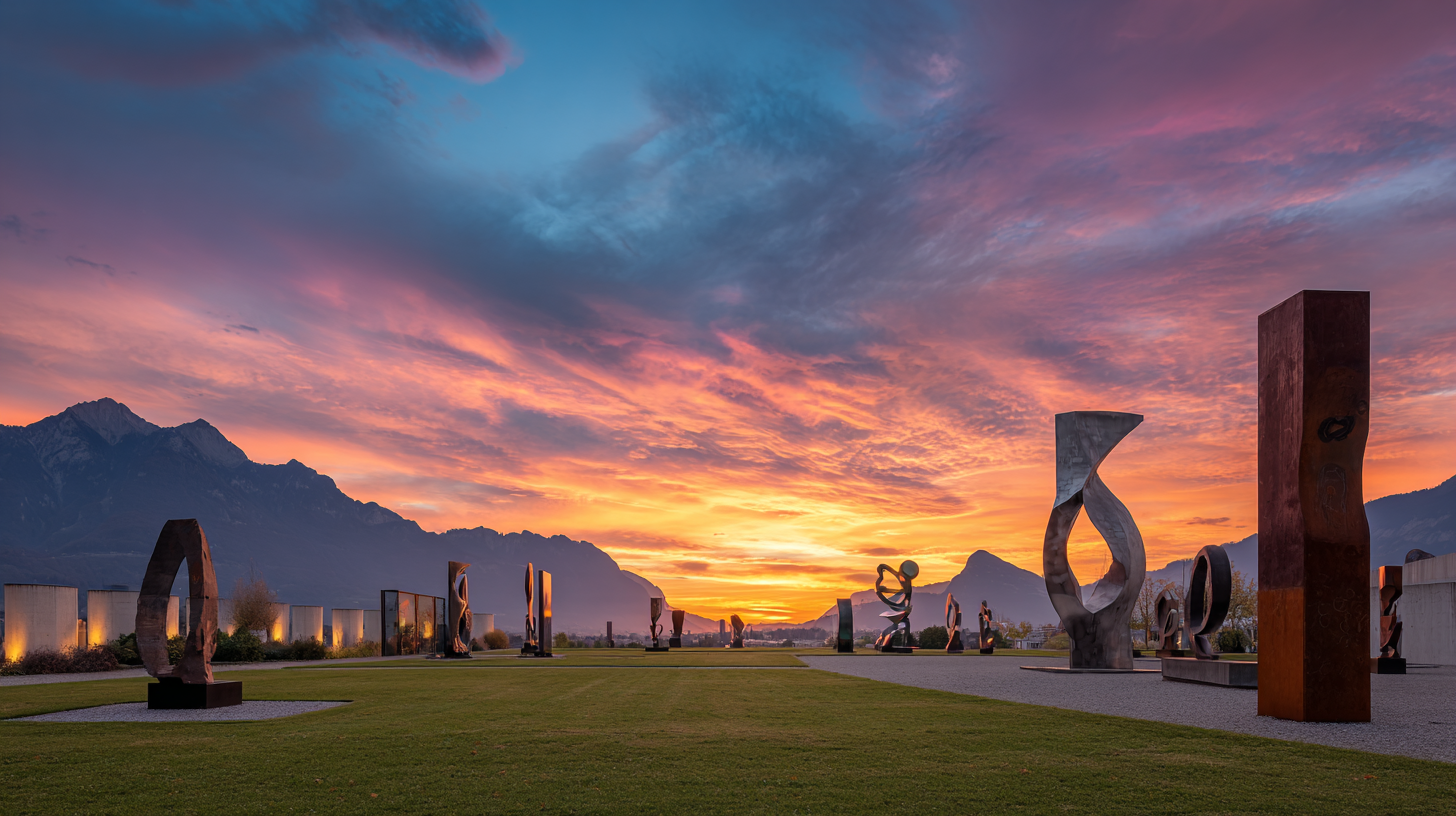 A panoramic artistic scene combining museums and cultural elements in Switzerland. Swiss art museums represented through galleries, sculptures, and cultural spaces.