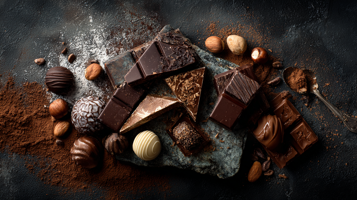Artisanal Swiss chocolates arranged creatively on a dark textured surface.
