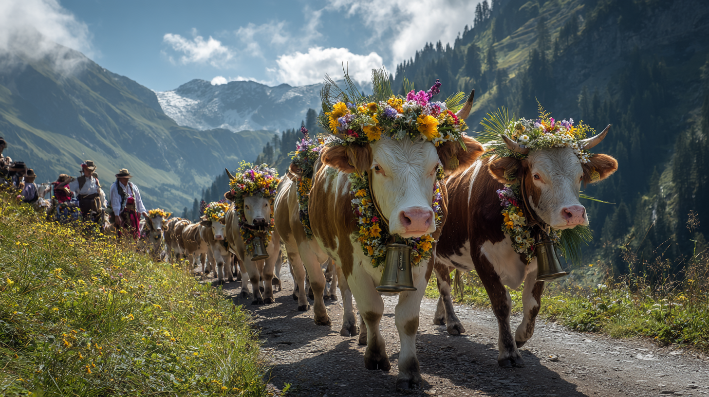 Decorated cows and farmers celebrating the Alpabzug festival parade in the Swiss Alps.