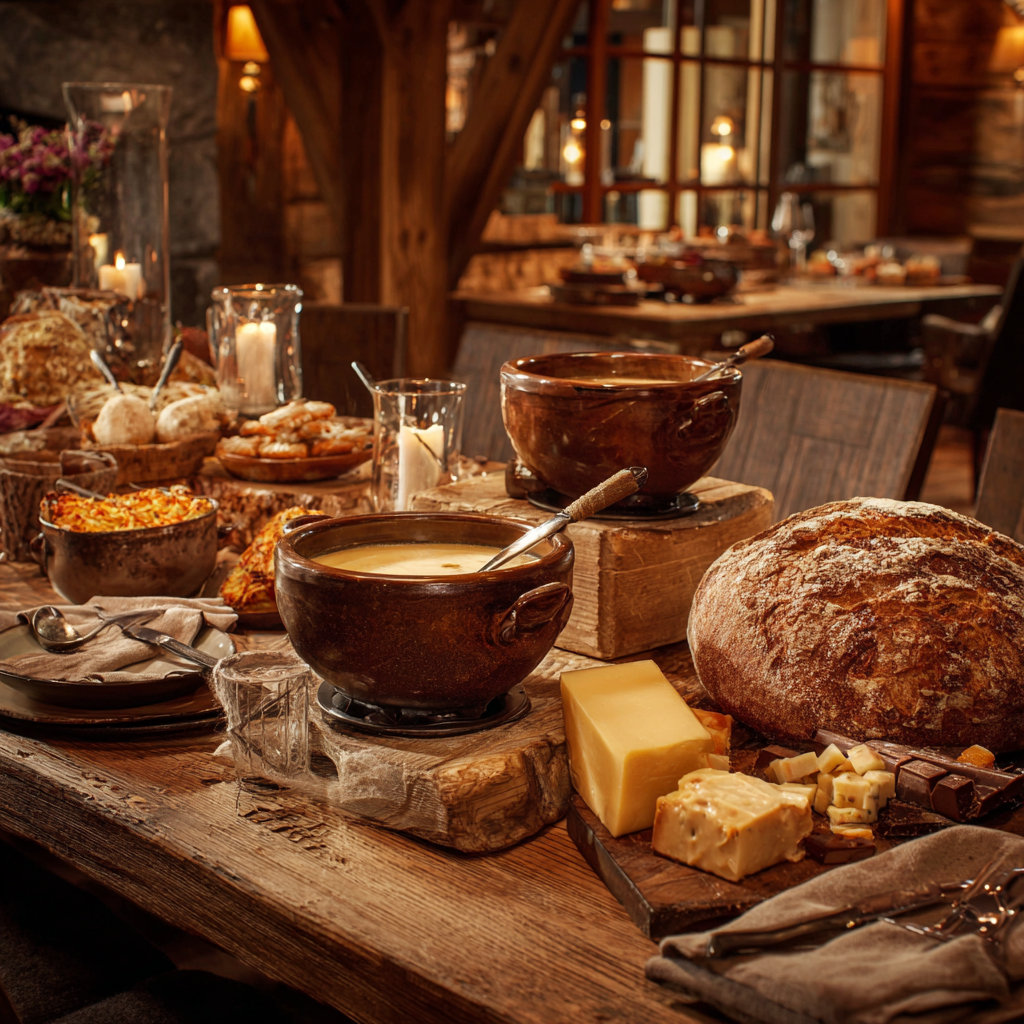A rustic Swiss dining table with iconic national dishes in a cozy chalet setting.