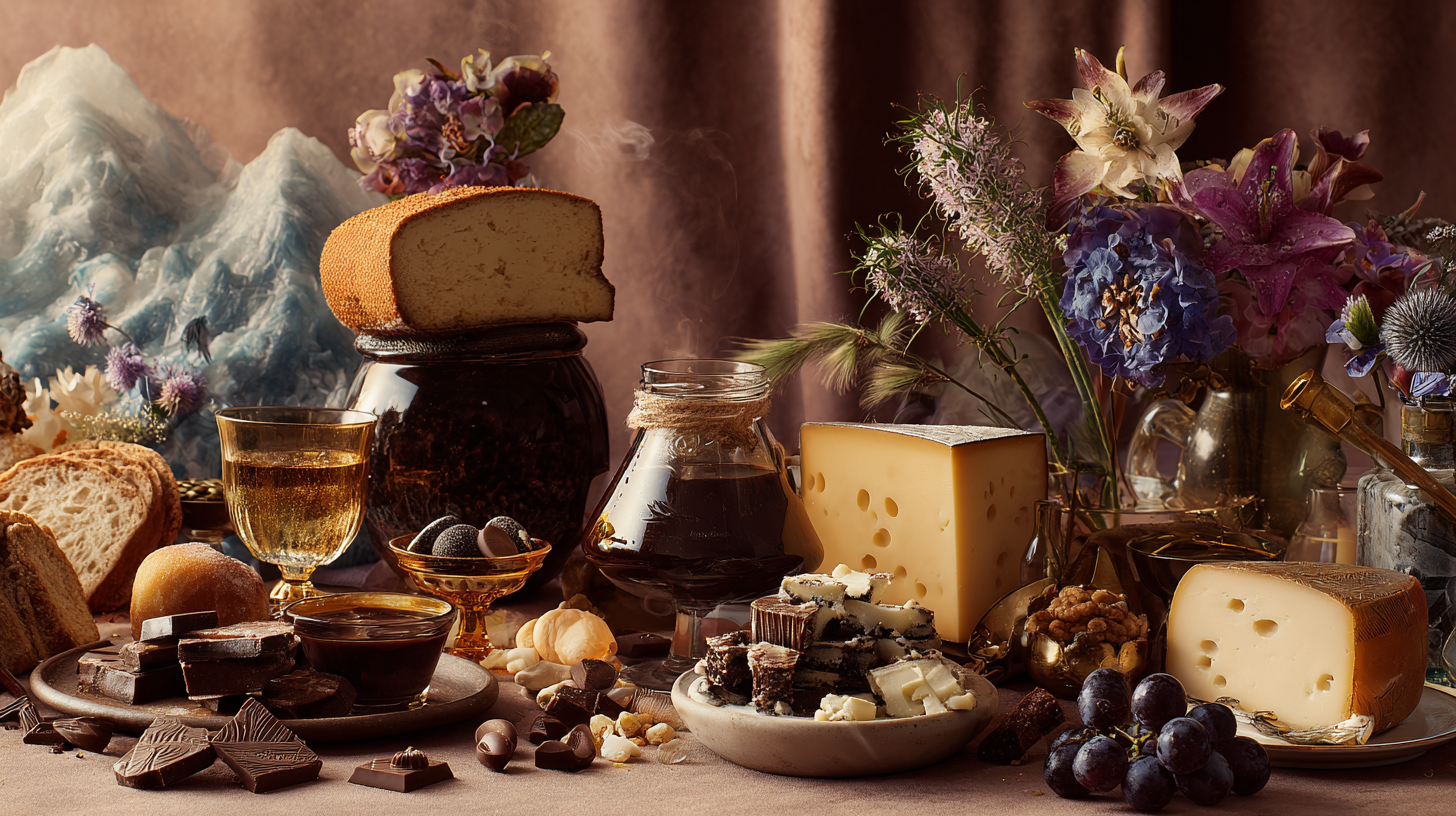 Swiss cuisine displayed through traditional dishes and regional culinary specialties.