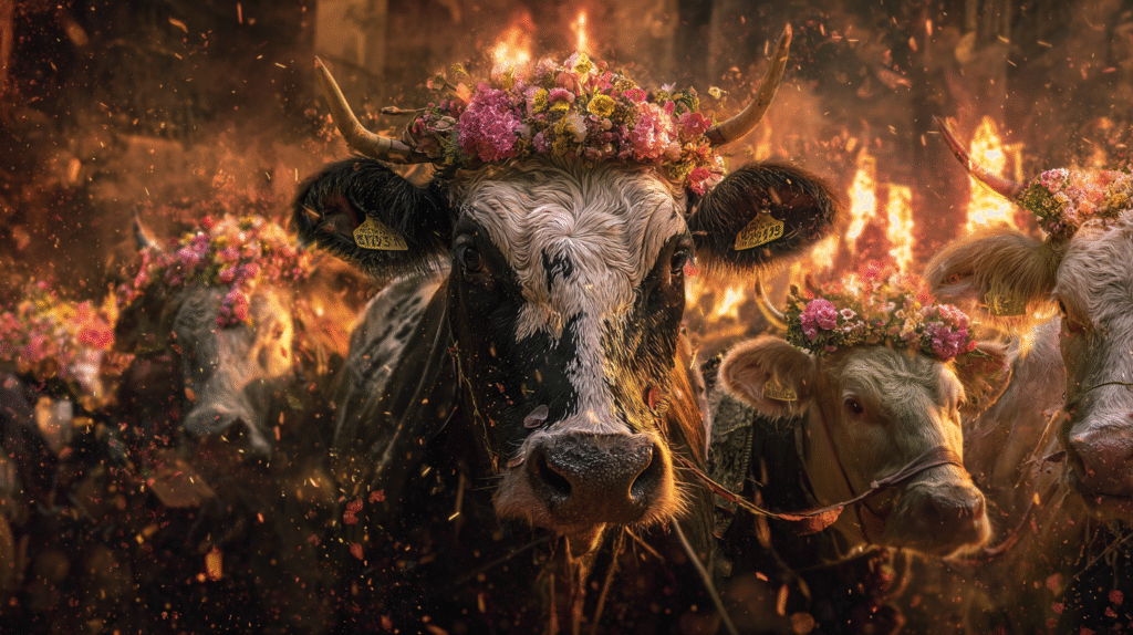 A collage representing Switzerland’s major cultural festivals with lanterns, cows, medieval reenactments, and bonfires.