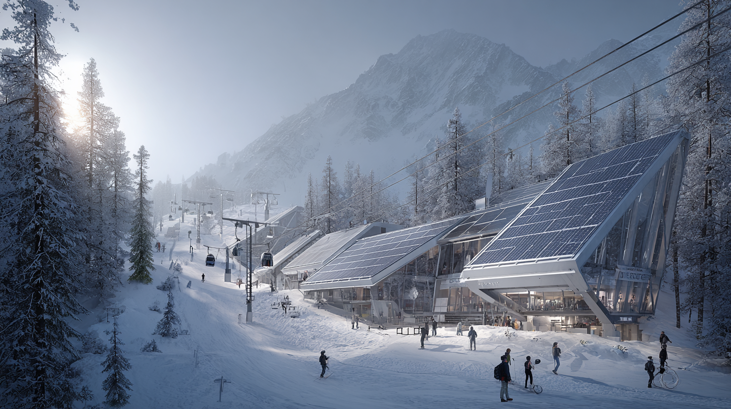 Eco-friendly Swiss ski resort with sustainable energy systems and preserved landscapes.