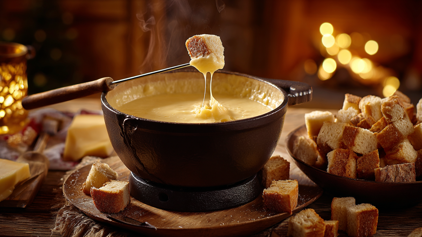Traditional Swiss cheese fondue being shared in a cozy chalet atmosphere.