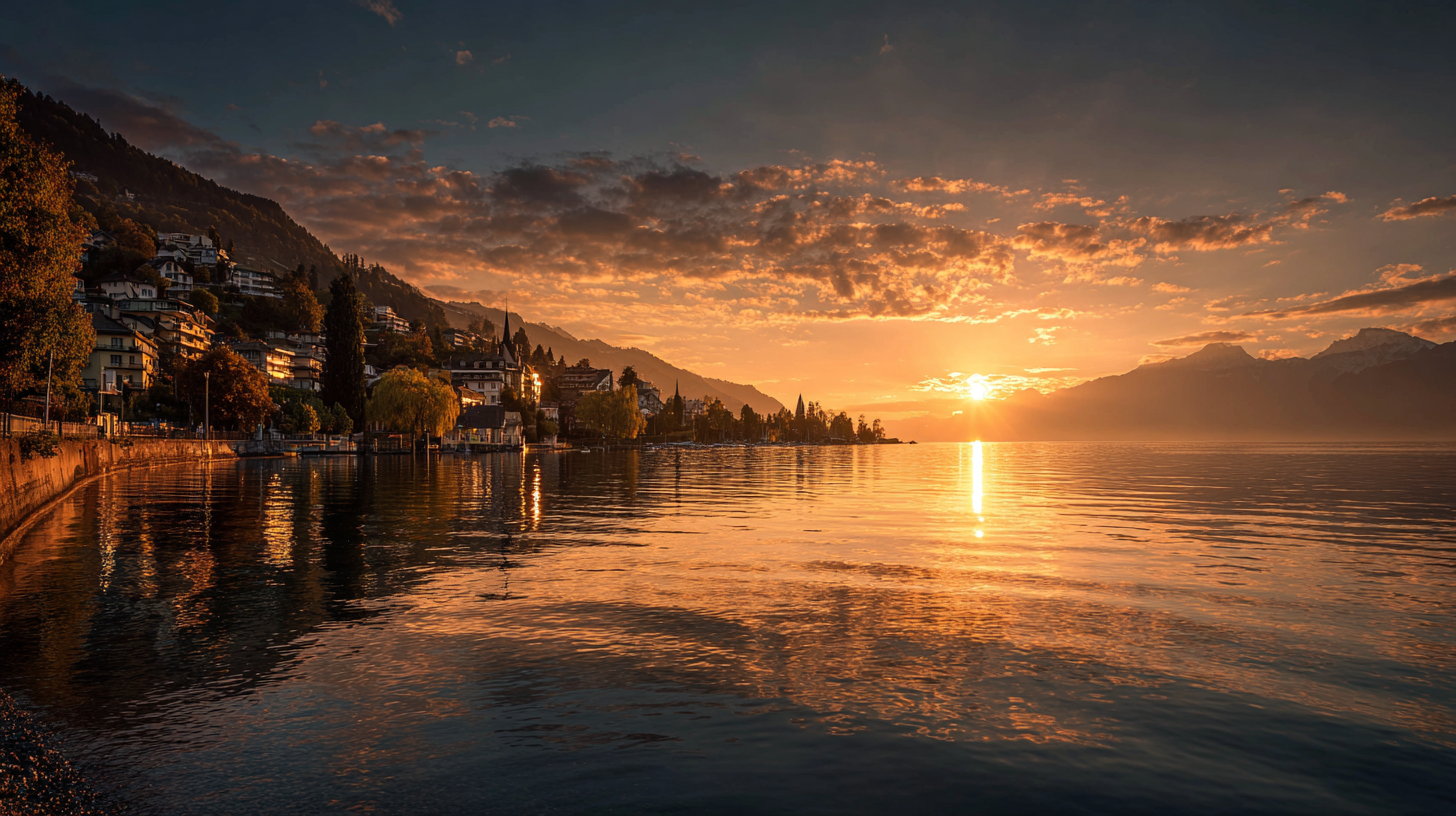 Panoramic sunset over Swiss lakes with golden reflections and mountain silhouettes.