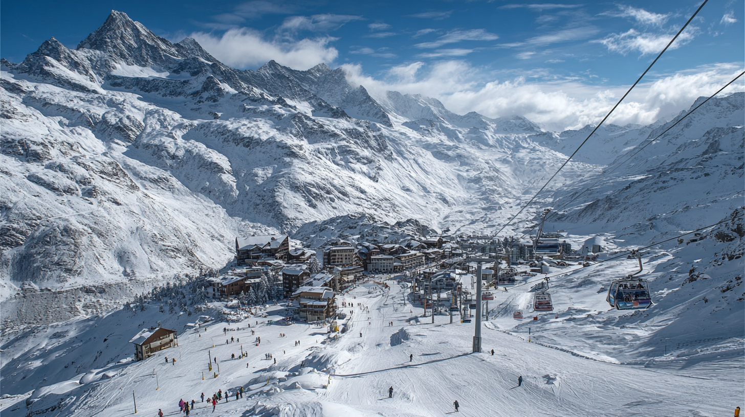 A panoramic view of a major Swiss ski region with chalets, lifts, and mountain peaks.