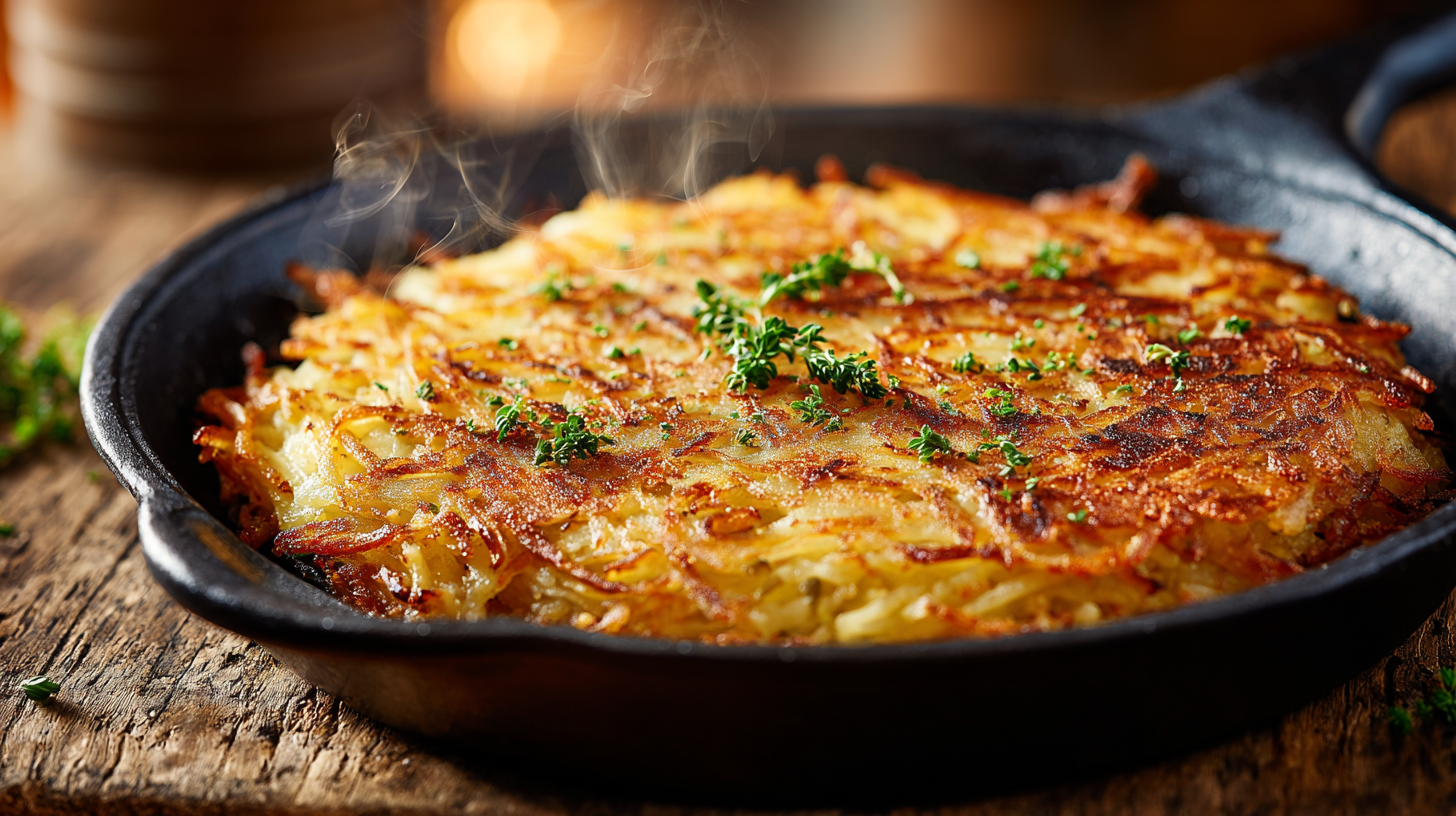 A golden crispy Swiss rösti served on a rustic cast-iron pan.