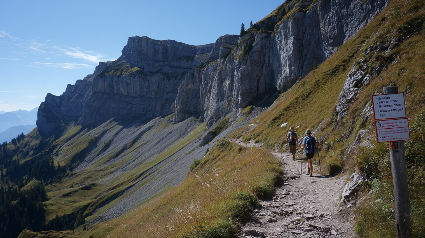 Hikers on a protected mountain trail in Switzerland promoting conservation-centered tourism.