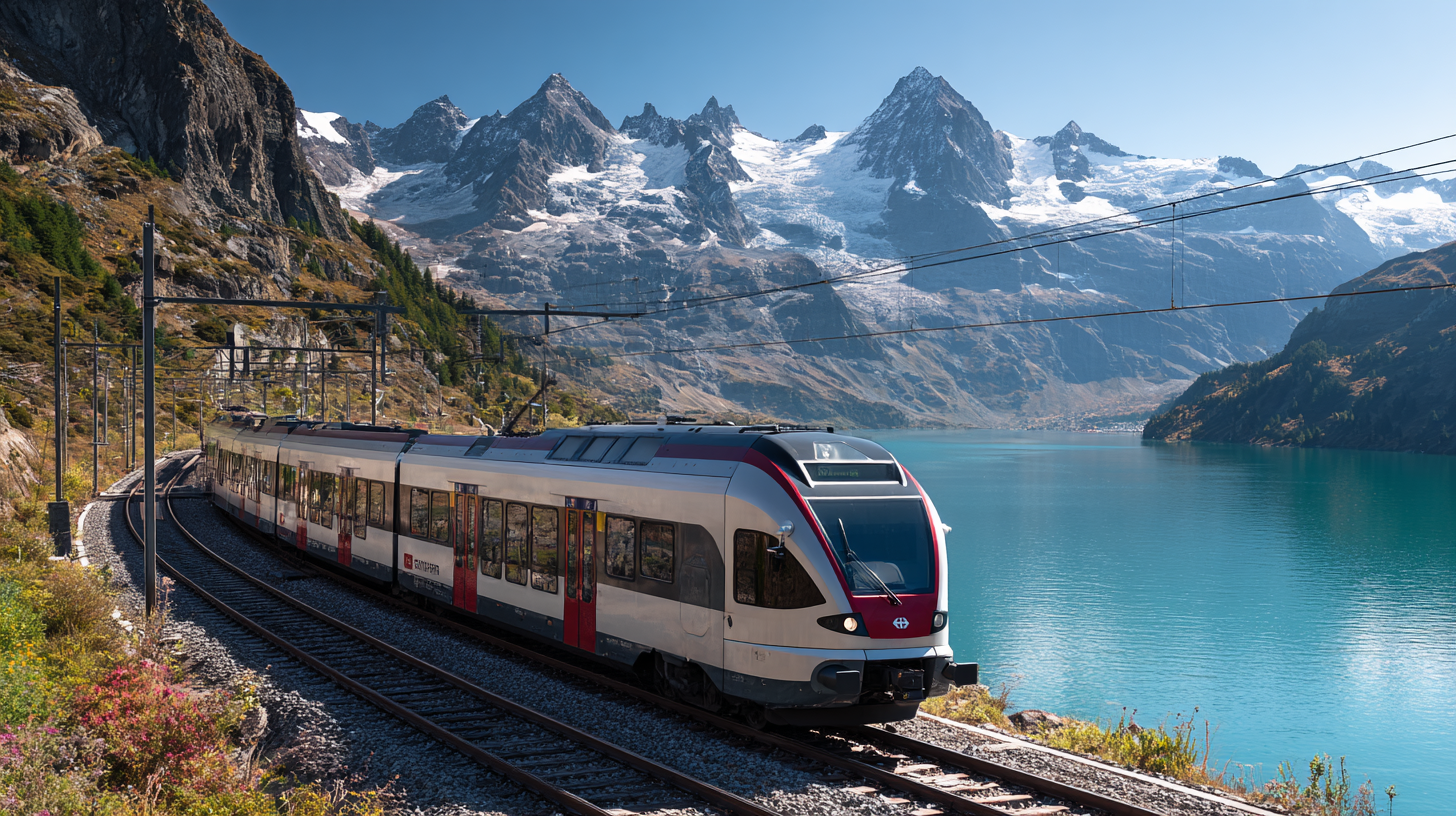 Electric train moving through Swiss alpine scenery representing carbon-neutral transport.