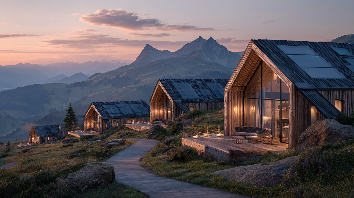 Eco-friendly Swiss resort with sustainable architecture and mountain views.