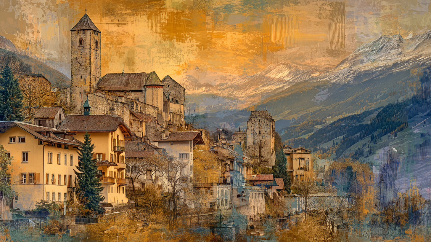 Panoramic blend of Switzerland’s medieval towns, castles, and alpine heritage.