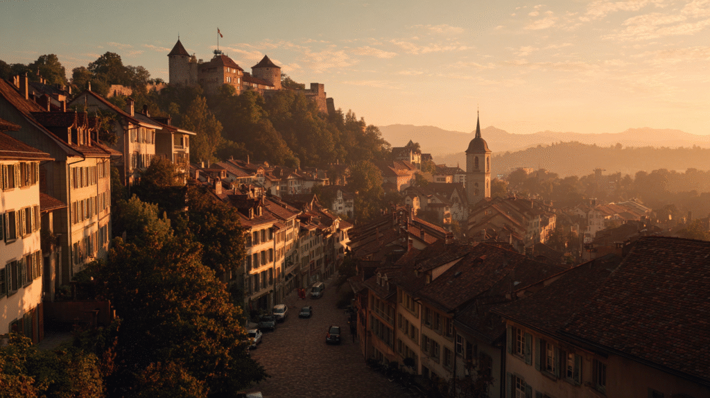 A panoramic scene showing Switzerland’s medieval towns, castles, and historic streets.