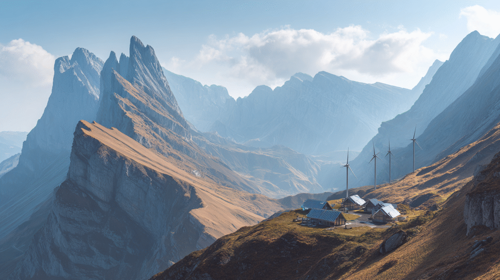 Panoramic view of the Swiss Alps with eco-friendly elements symbolizing sustainable tourism.