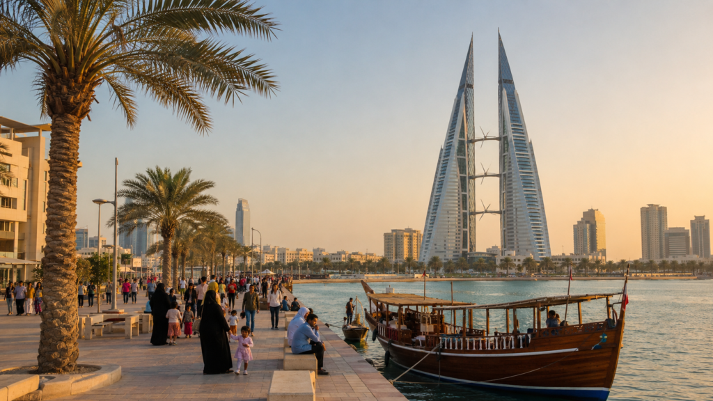 Things to do in Bahrain with Manama waterfront, traditional dhow and Bahrain World Trade Center.
