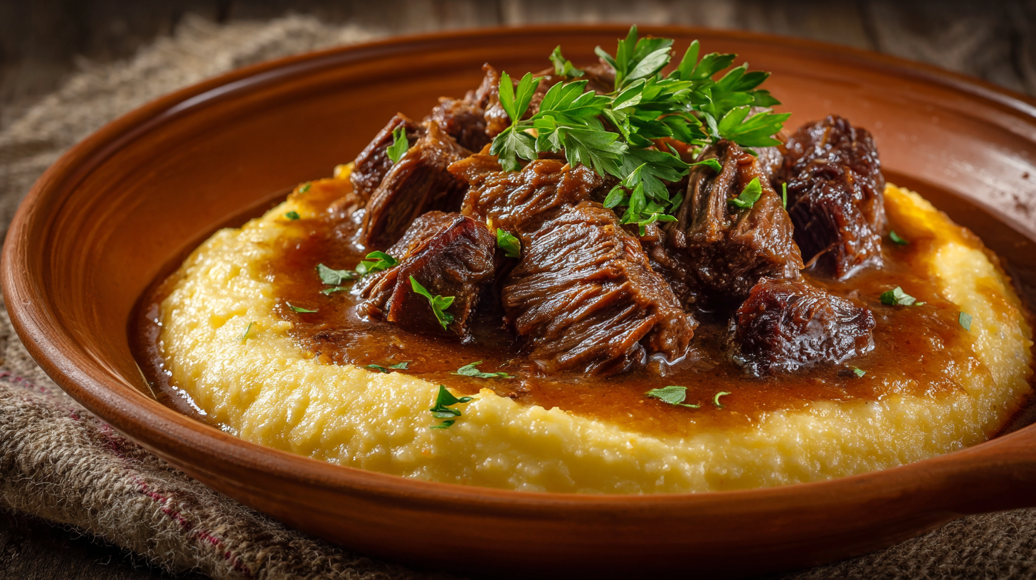 Ticino-style polenta served with braised beef in a rustic Swiss-Italian setting.