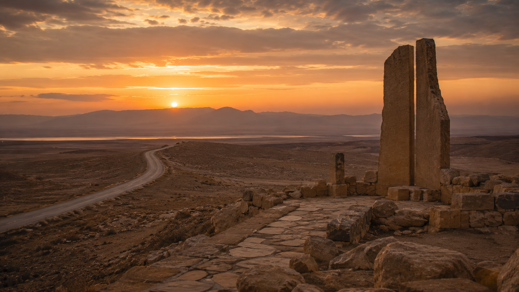 Desert memorial landscape at sunset symbolizing the memory of the Yom Kippur War