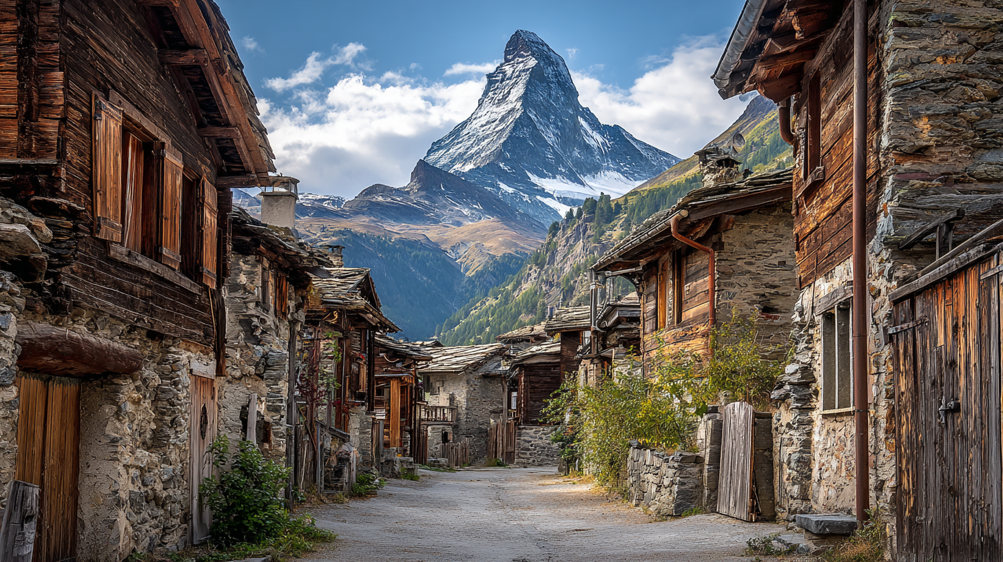 Historic wooden chalets of Zermatt with the Matterhorn rising behind them.