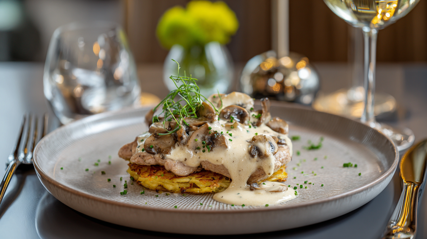 Swiss Zürcher Geschnetzeltes served with rösti in an elegant presentation.