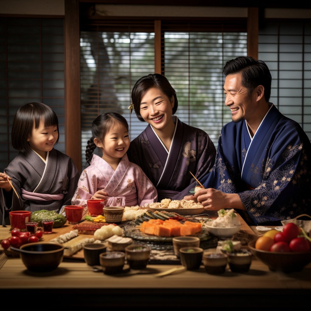 A family celebrating Shogatsu, with traditional foods and temple visits.
