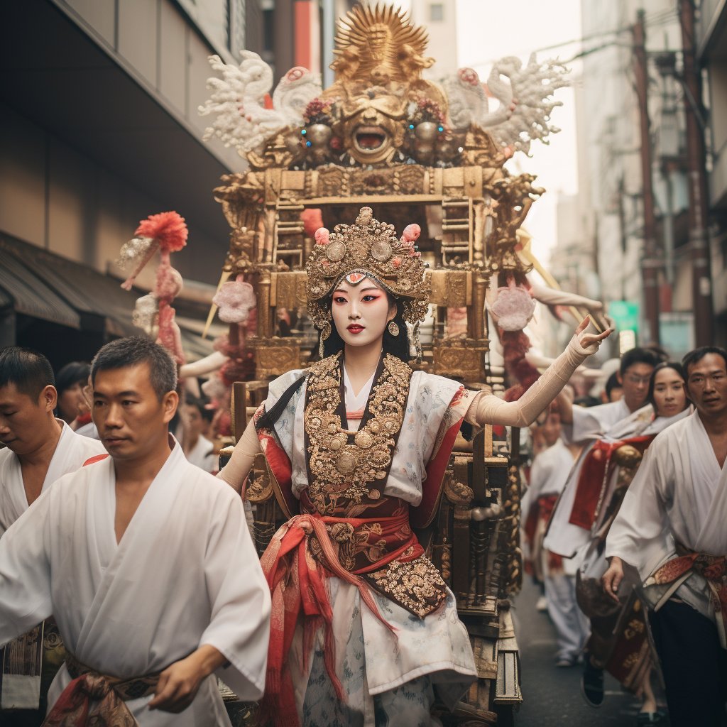 A procession with mikoshi and dancers, capturing Tokyo's cultural vibrancy.