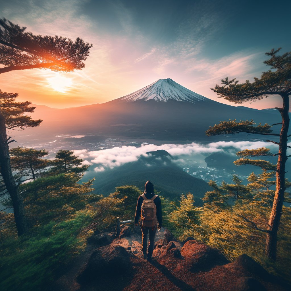 An image that captures the spirit of adventure in Japan featuring iconic landscapes such as a hiker on Mount Fuji