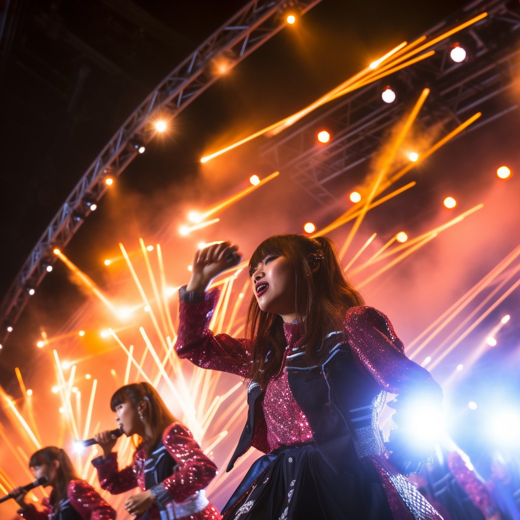 Dynamic images of J-Pop performances and idol groups like AKB48 in concert.