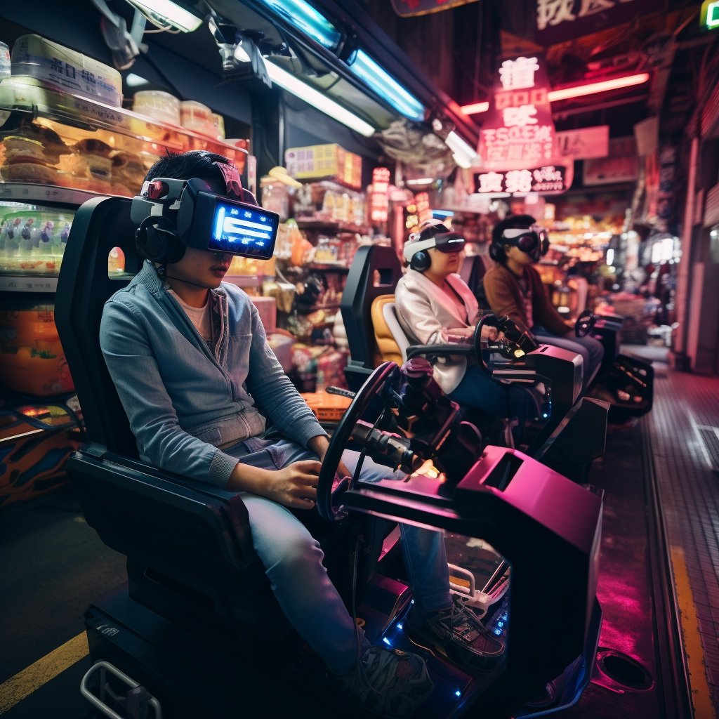 Scenes from Japanese arcade centers and images showcasing VR gaming experiences.