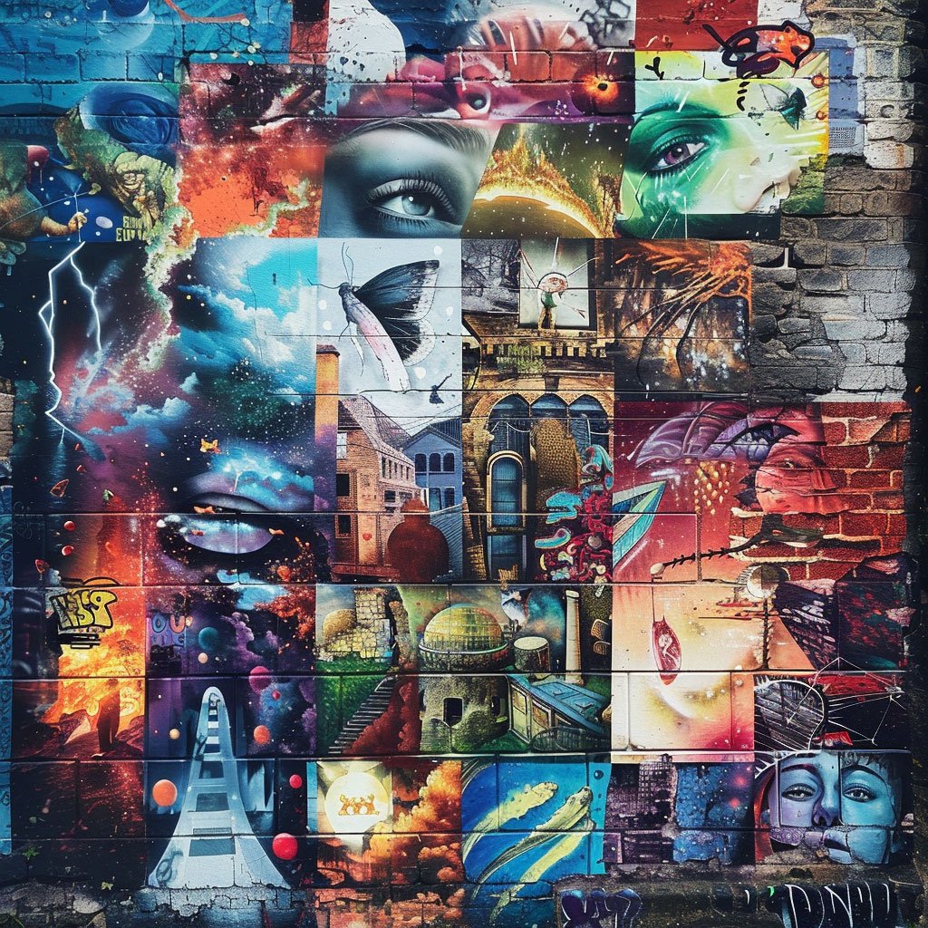  A panoramic or collage showcasing diverse street art pieces from Bristol.