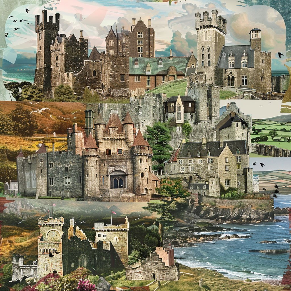 Collage of Welsh castles set against the country's landscapes.