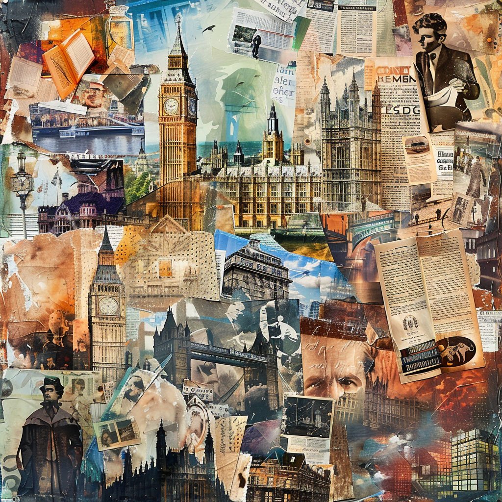 Collage or montage of London's literary landmarks and icons.