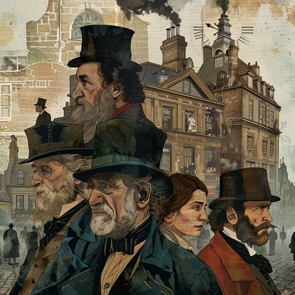 Illustrations of Victorian London and Dickens' characters.