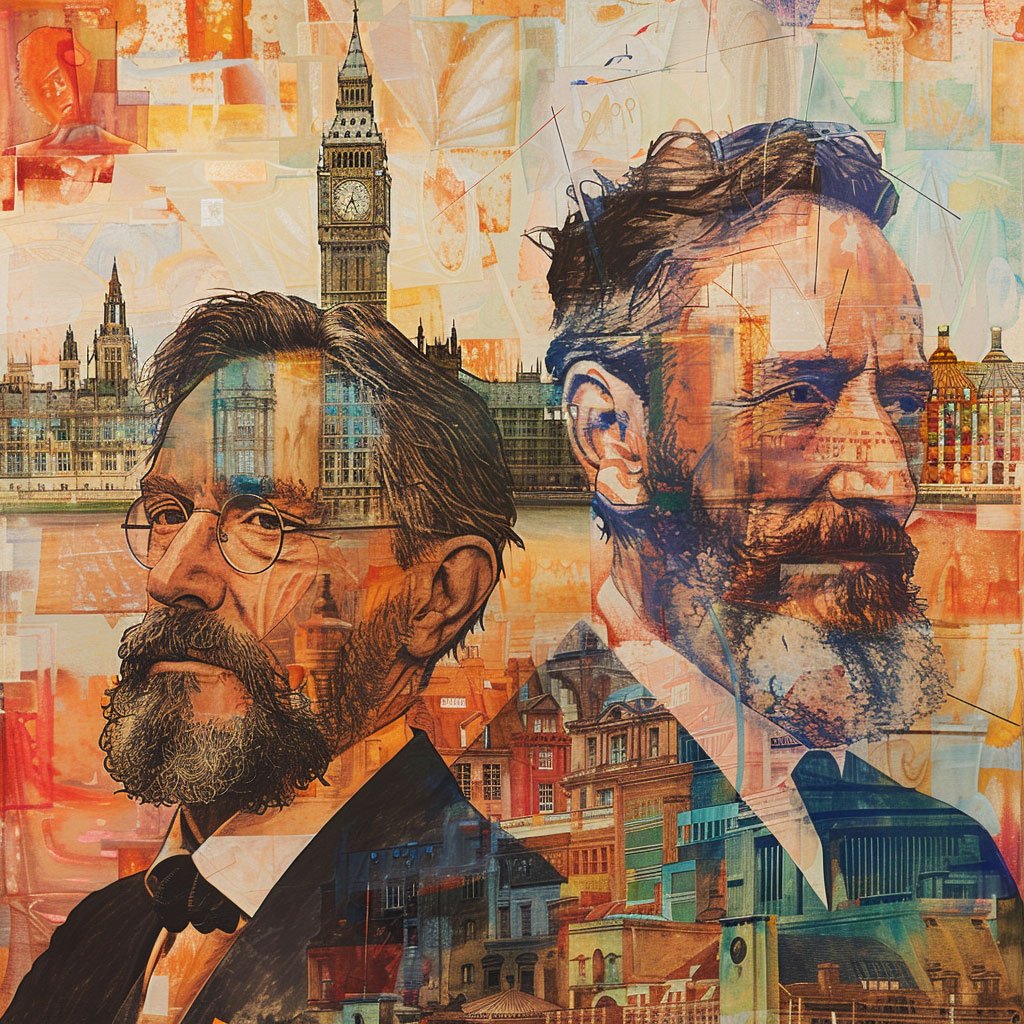 Portraits of T.S. Eliot and Ezra Pound, with London backgrounds.