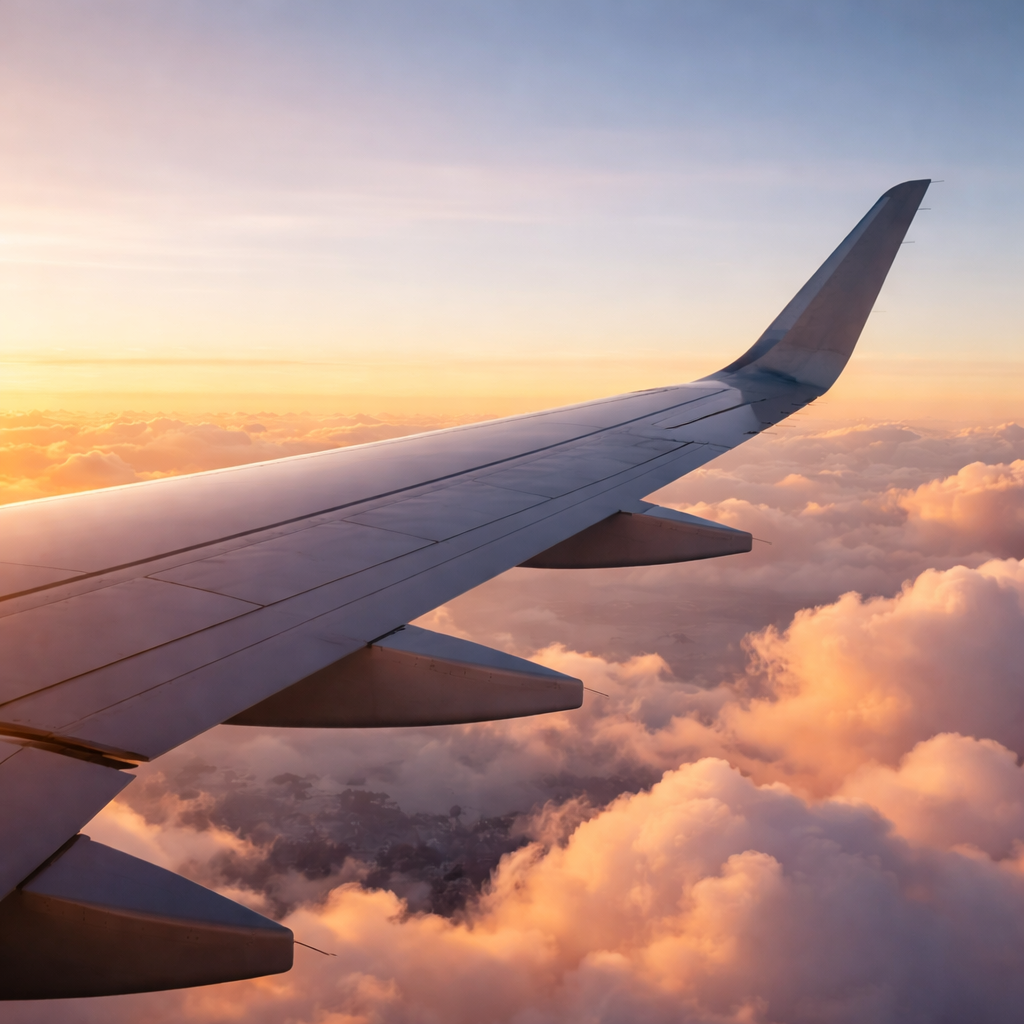 Commercial airplane flying through a glowing golden-hour sky with soft clouds.
