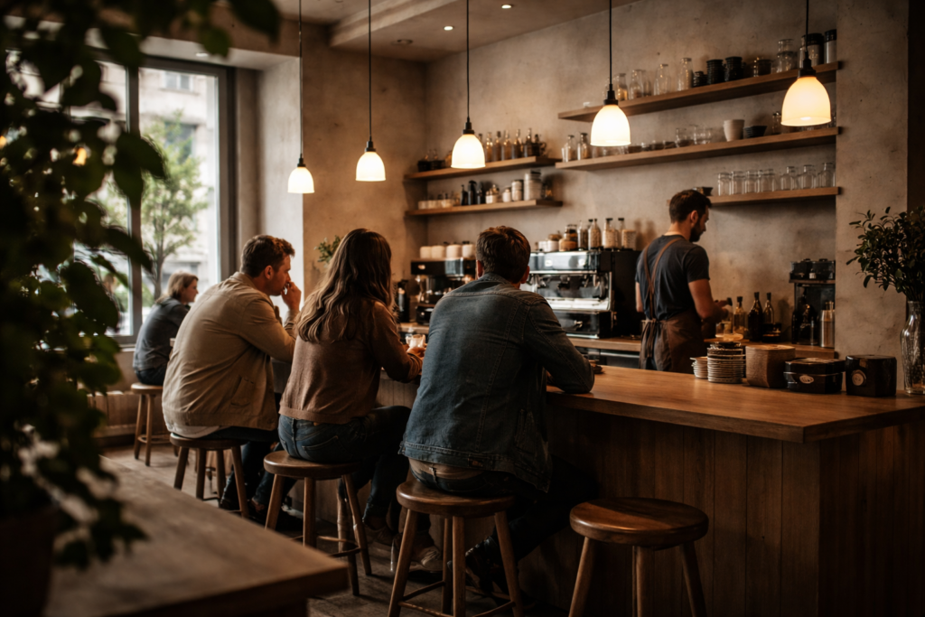 Brno Travel Guide: Brno café culture — cozy coffee shop interior with Bauhaus design and warm ambiance