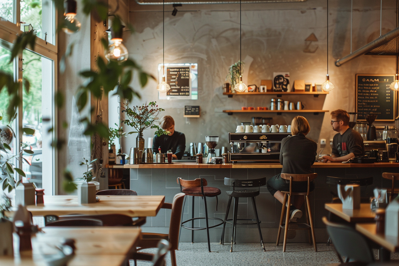 Brno café culture — cozy coffee shop interior with Bauhaus design and warm ambiance