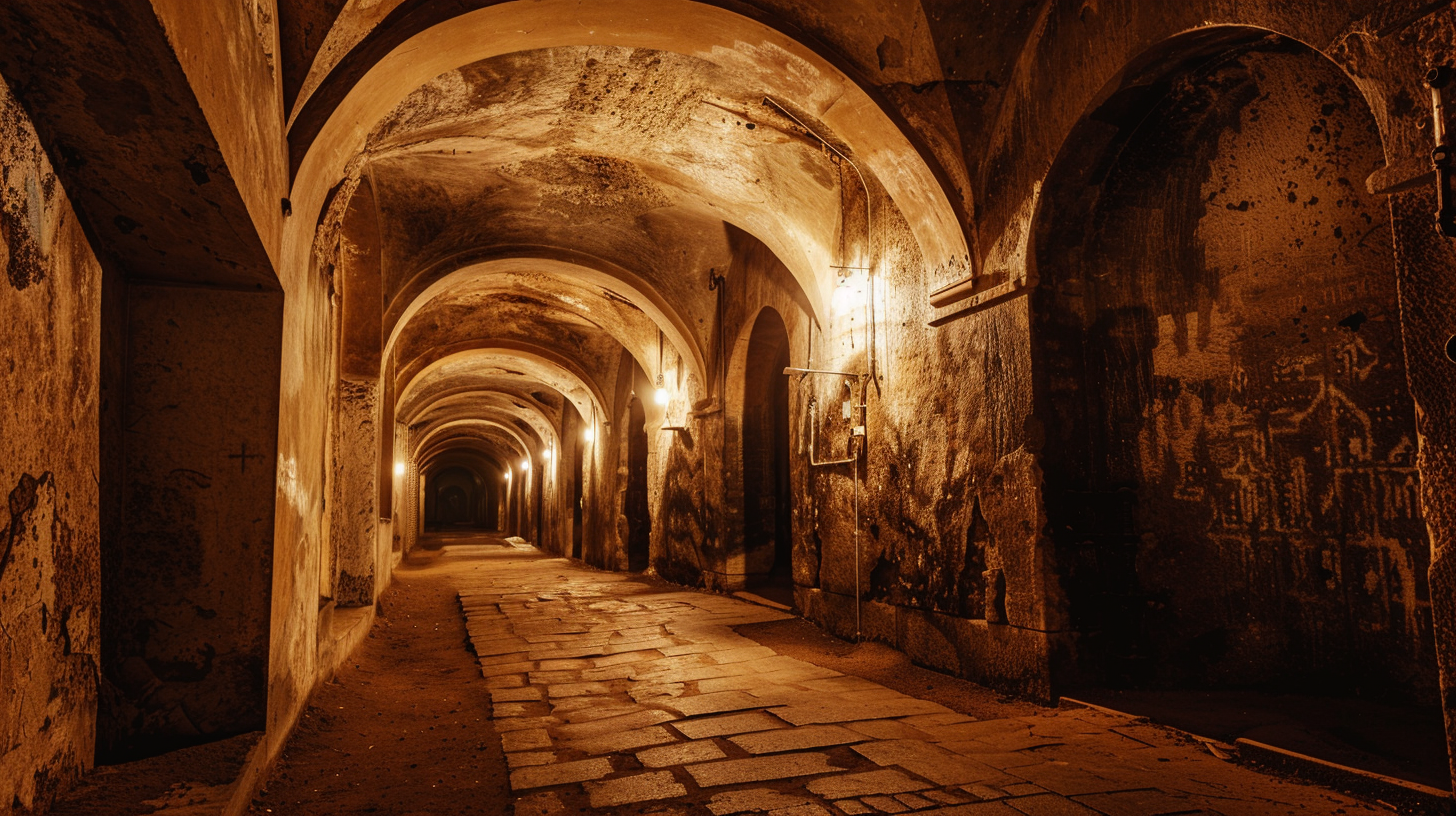 Underground labyrinths beneath Brno with stone tunnels and gothic lighting