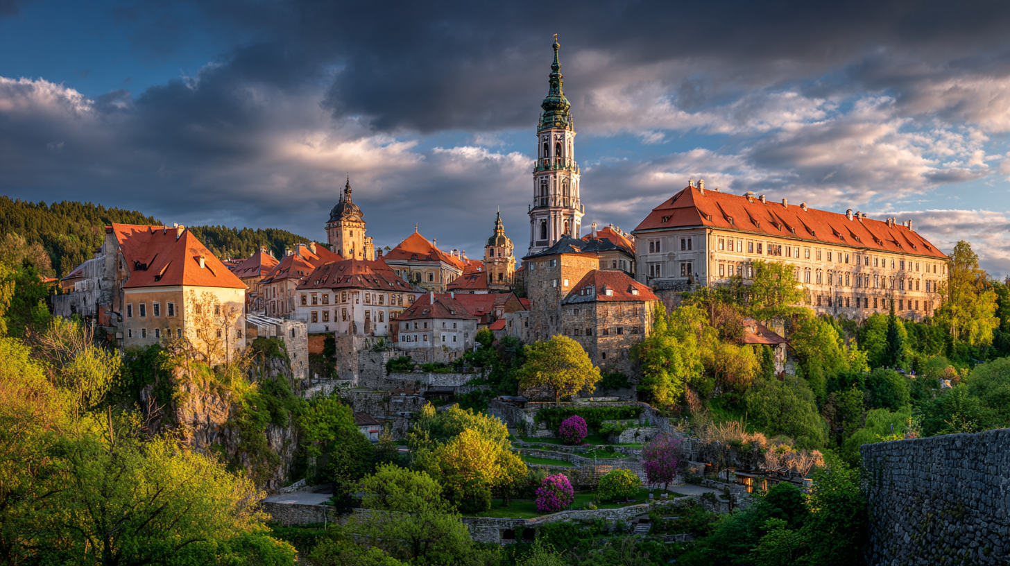 Český Krumlov Castle tower above the old town during golden hour