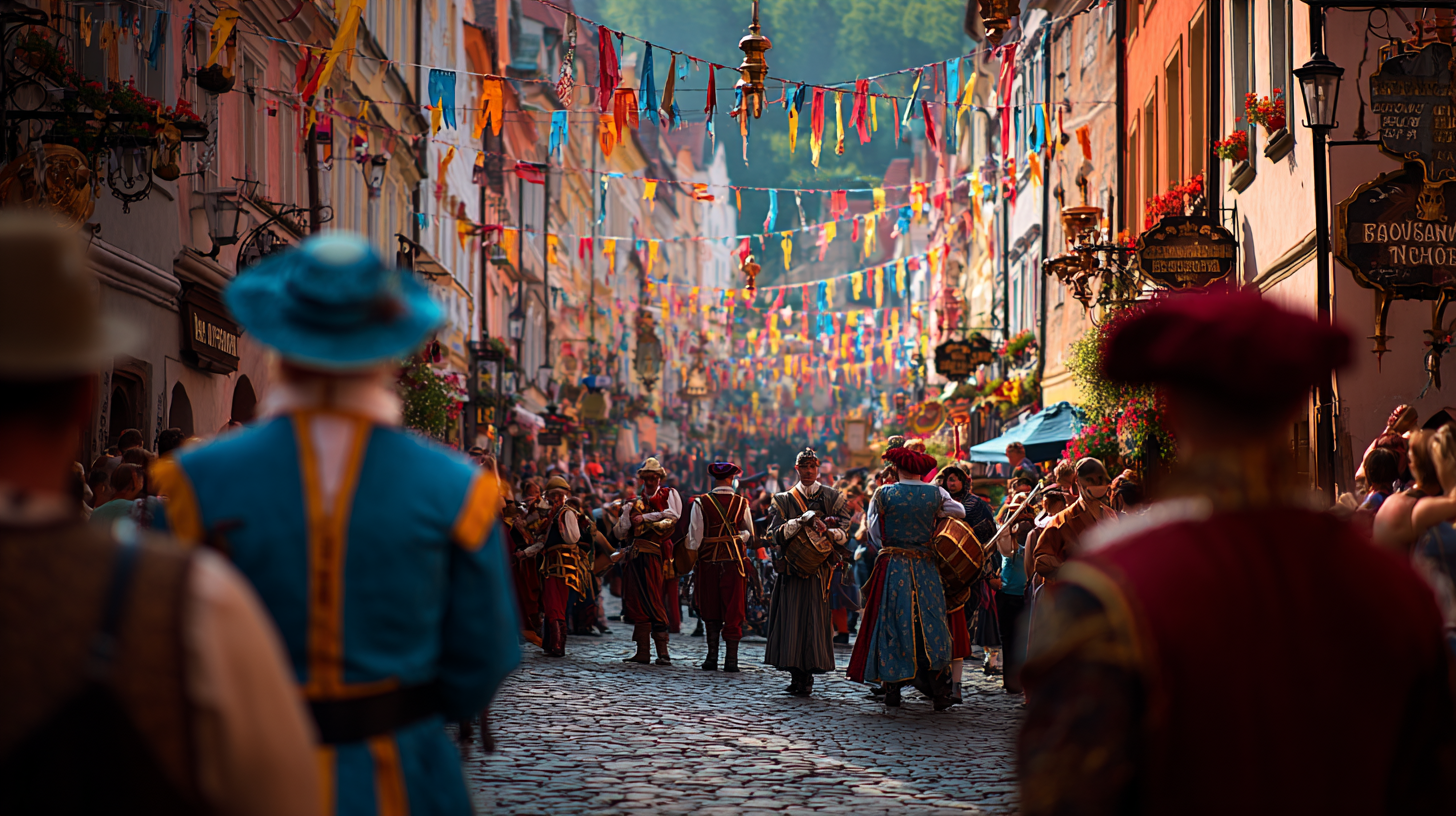 Cultural festival atmosphere in Český Krumlov with Renaissance decorations