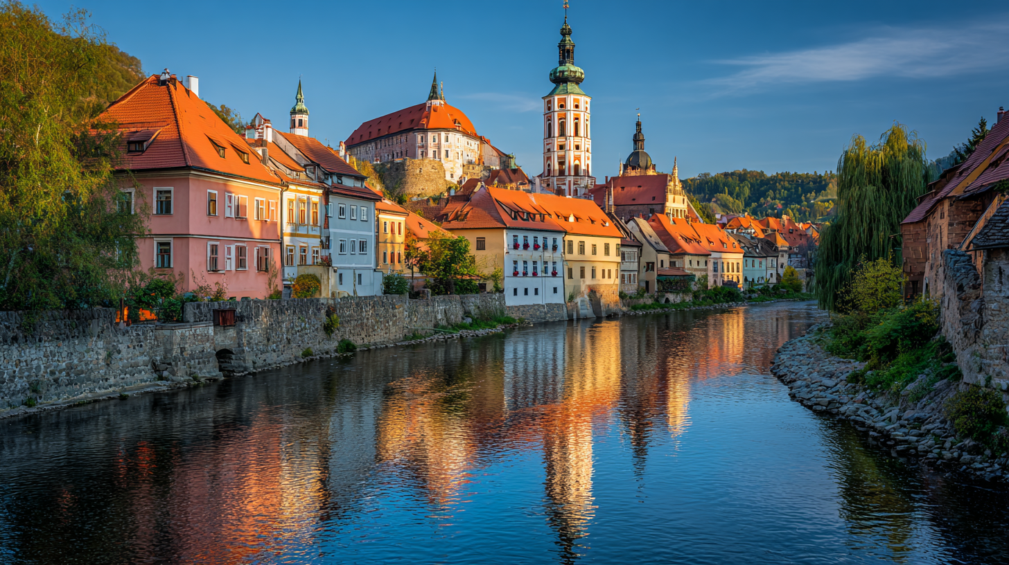 UNESCO old town of Český Krumlov with colorful baroque buildings and red rooftops
