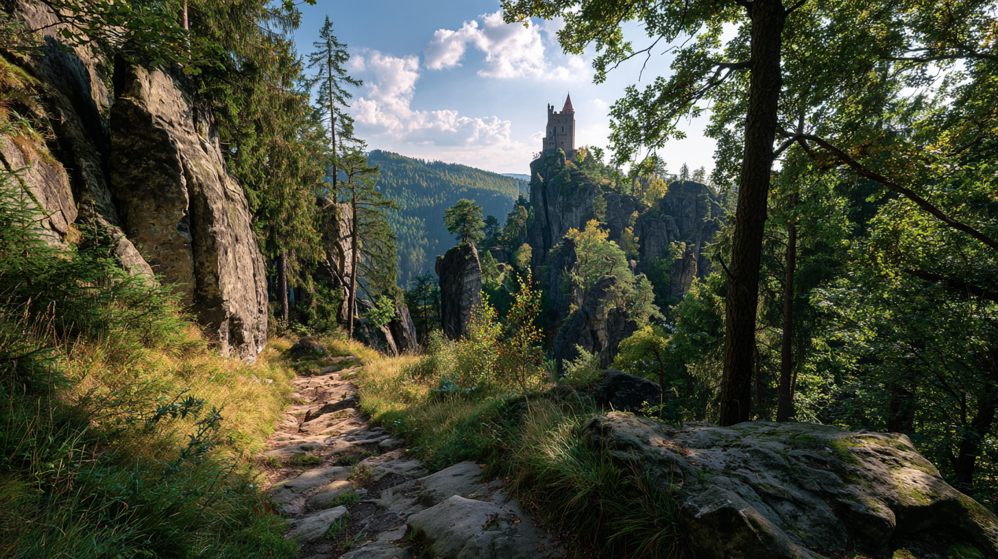 Scenic hiking trail through Bohemian Paradise with sandstone formations and distant Trosky Castle