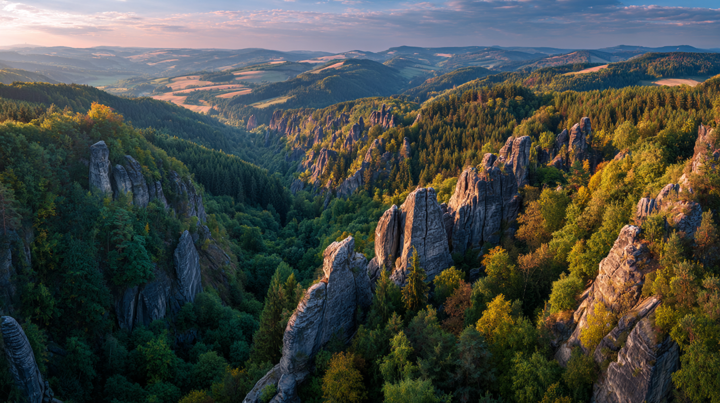 Sandstone cliffs and forested valleys of Český Ráj during golden hour