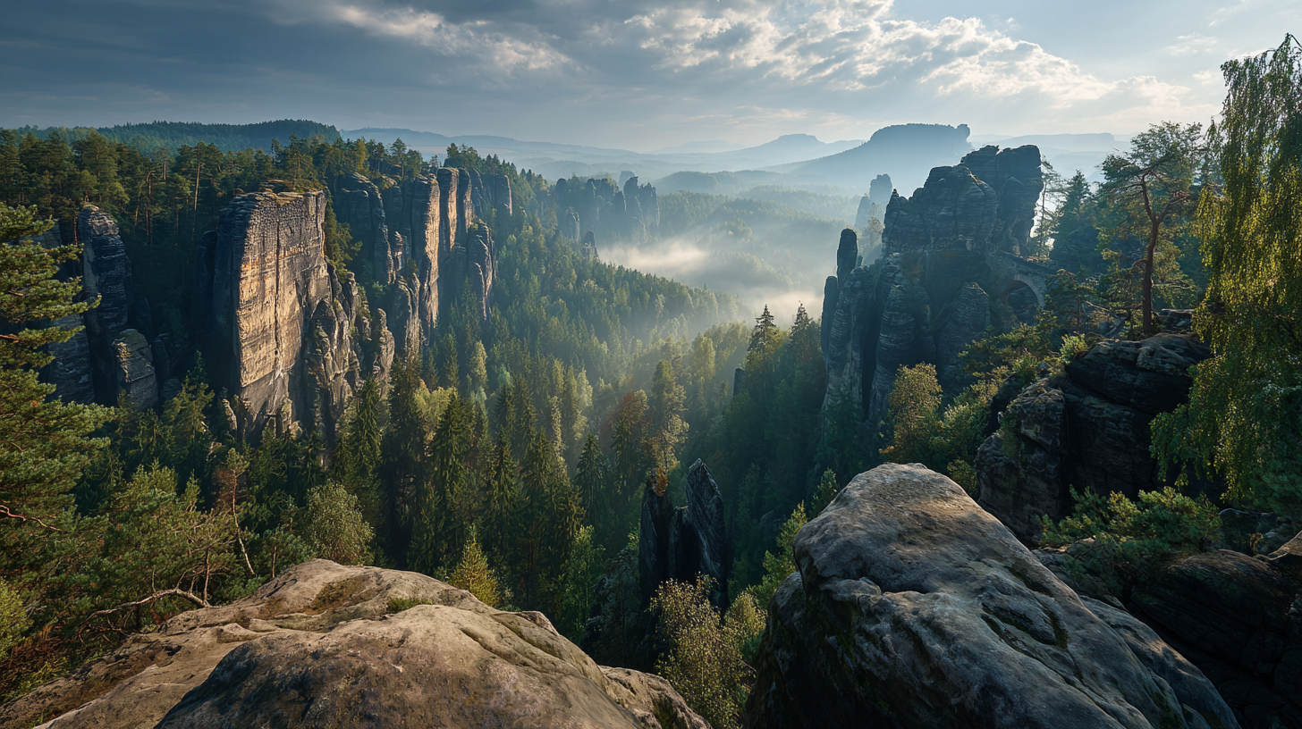 Sandstone towers and dramatic cliffs of the Prachov Rocks in Bohemian Paradise