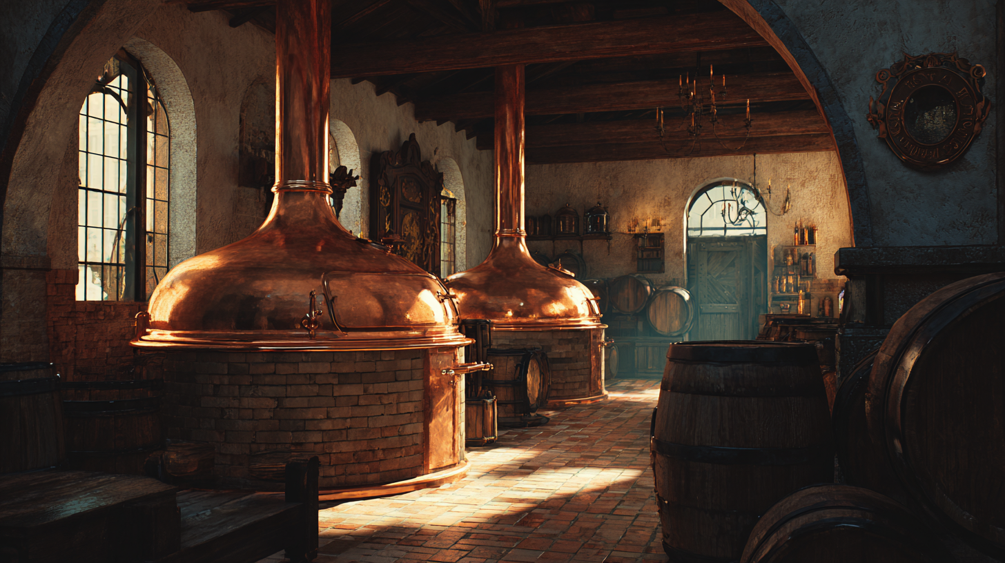 Historic Czech brewery with copper kettles and traditional brewing atmosphere