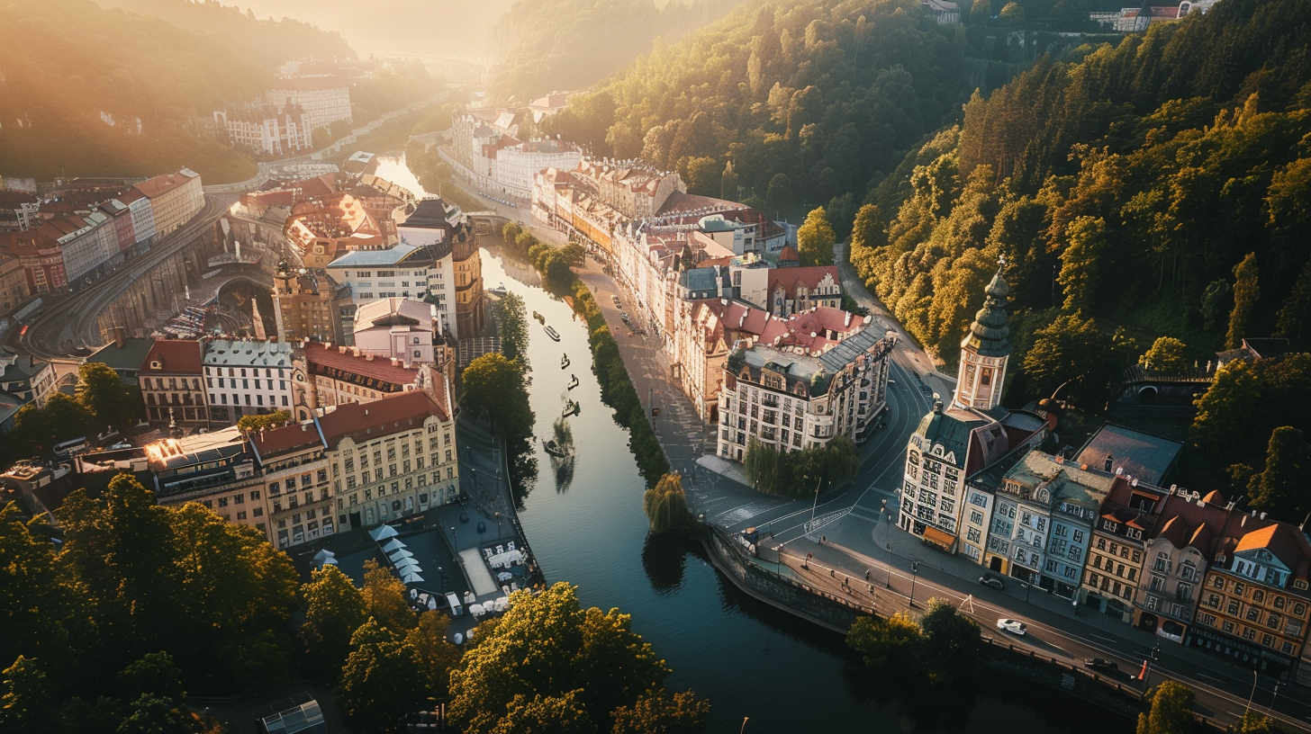 Karlovy Vary spa town aerial view with Teplá River and colorful architecture